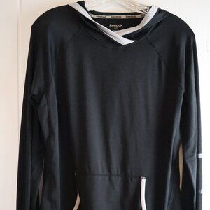 Reebok Hooded Women L Athletic Top Logo Reflective Thumb Holes Fold Down Sleeves